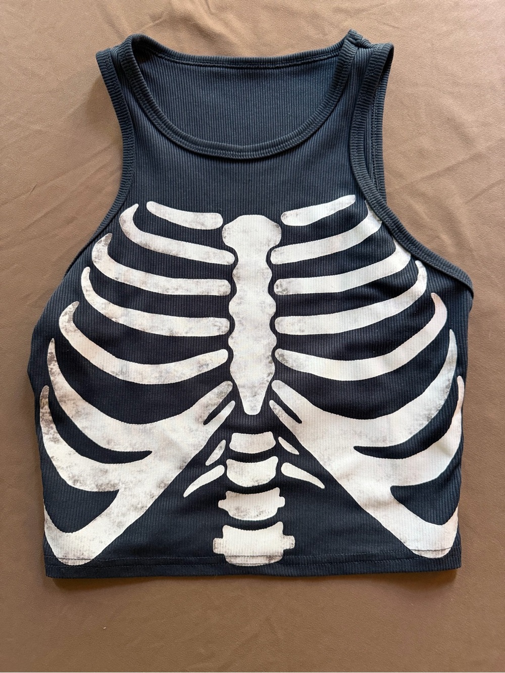 Black Ribbed Tank Top with White Skeleton Print